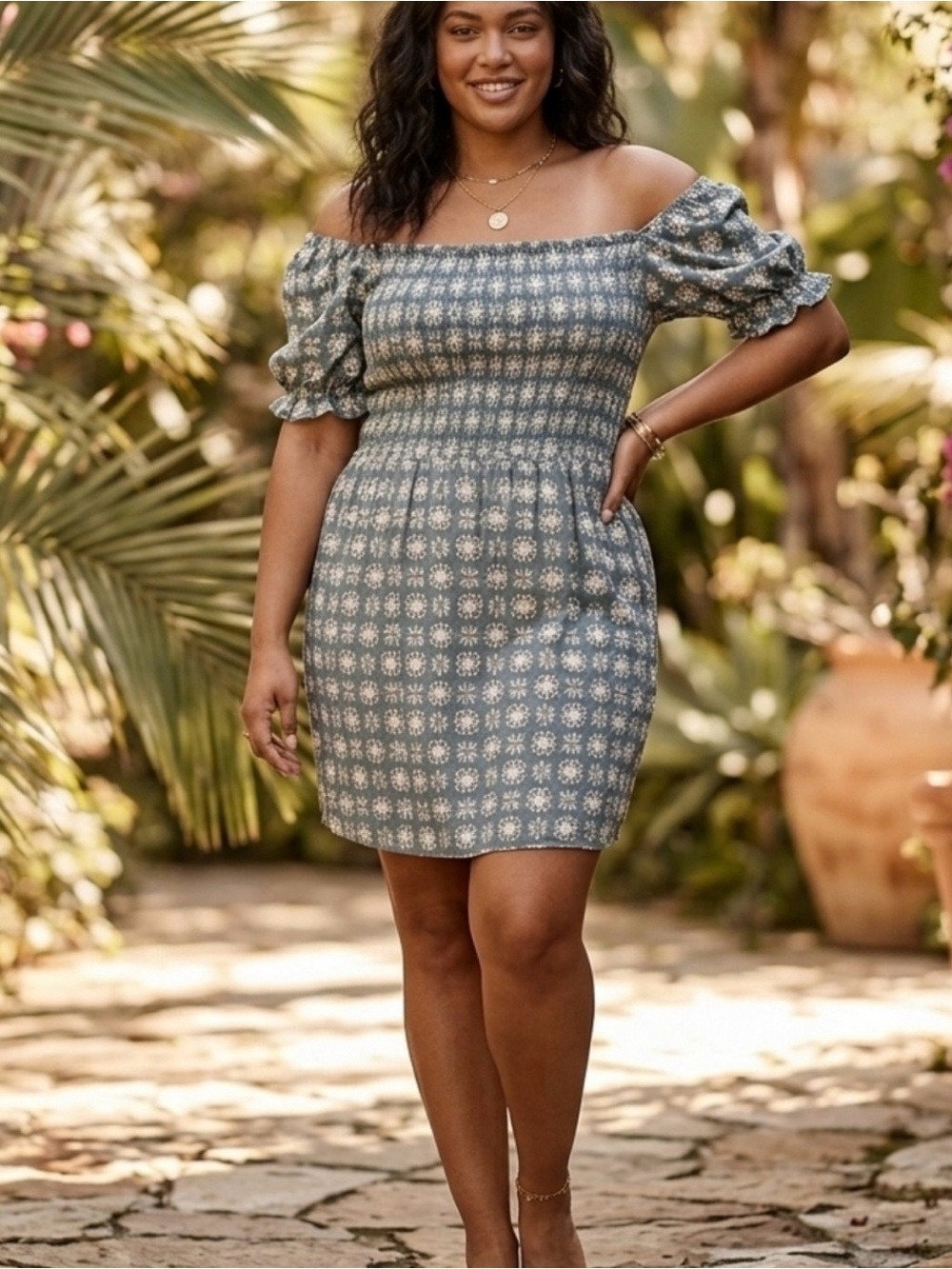 LOFT Outlet Floral Smocked Off The Shoulder Mini Dress Large Blue Gray